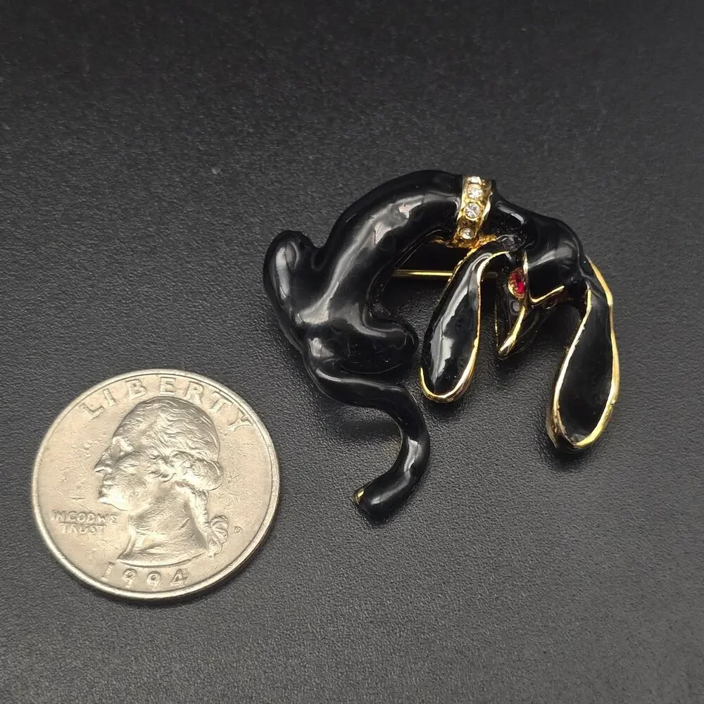 Black Enamel Hound Dog Brooch Rhinestone Accents Vintage Animal Jewelry